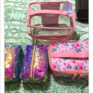 Under One Sky 4 Piece Train Case Set Pink Floral Sequin Zip Up Cosmetics New